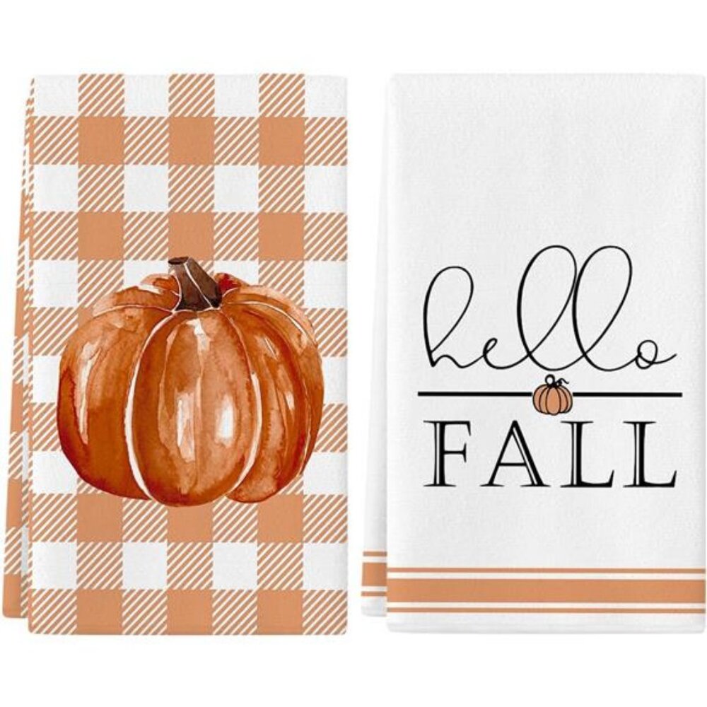Fall Kitchen Towels Set of 218x26 Inch Pumpkin Hand Towels Hello Fall Decoration